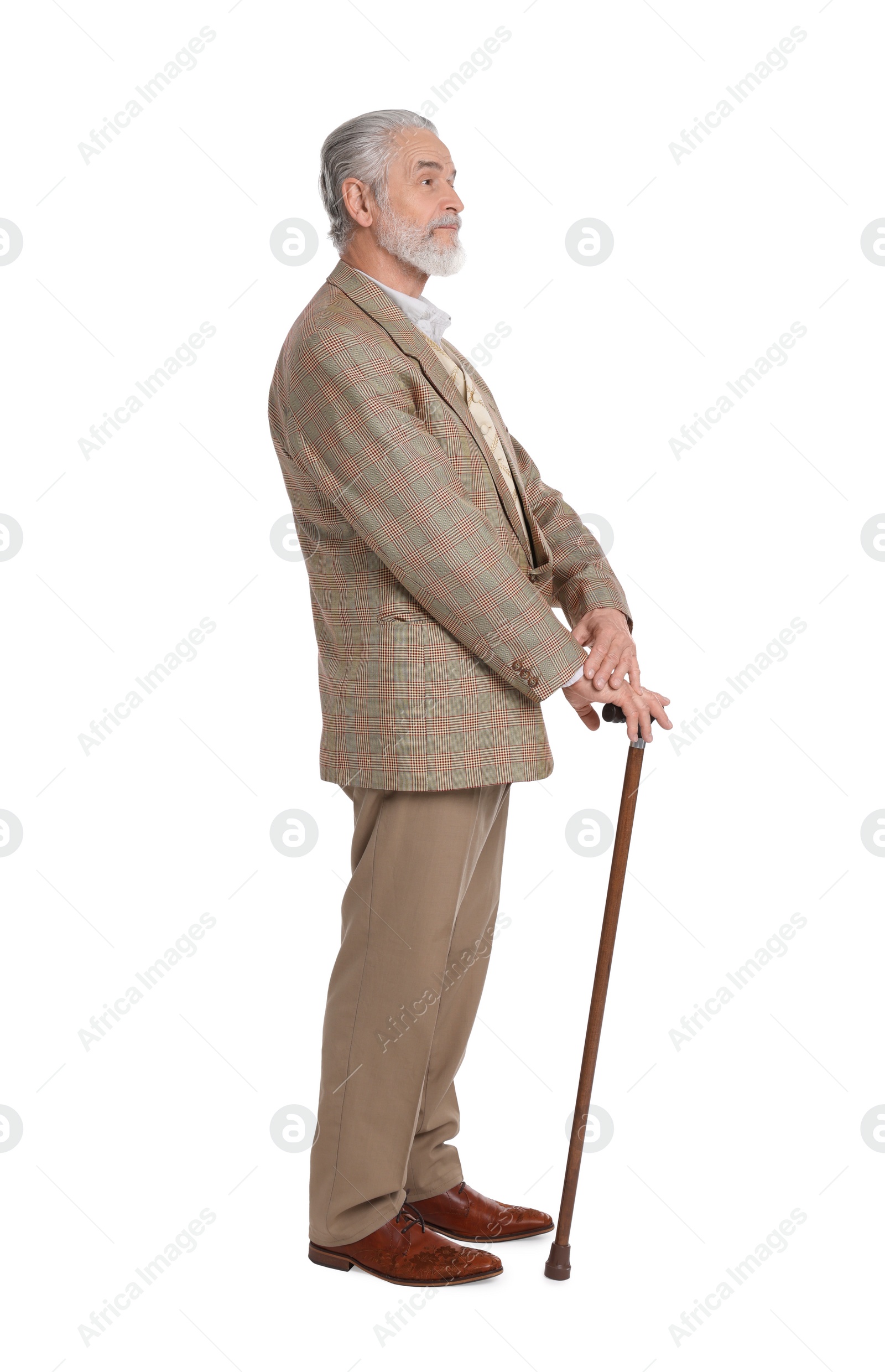 Photo of Senior man with walking cane on white background