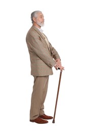 Senior man with walking cane on white background