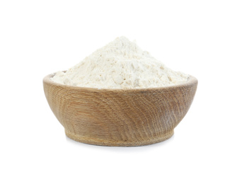Organic flour in wooden bowl isolated on white