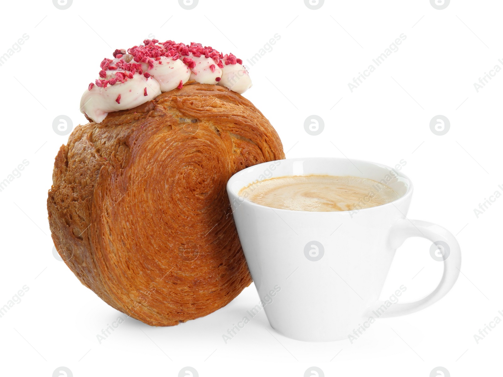 Photo of Round croissant with cream and cup of coffee isolated on white. Tasty puff pastry