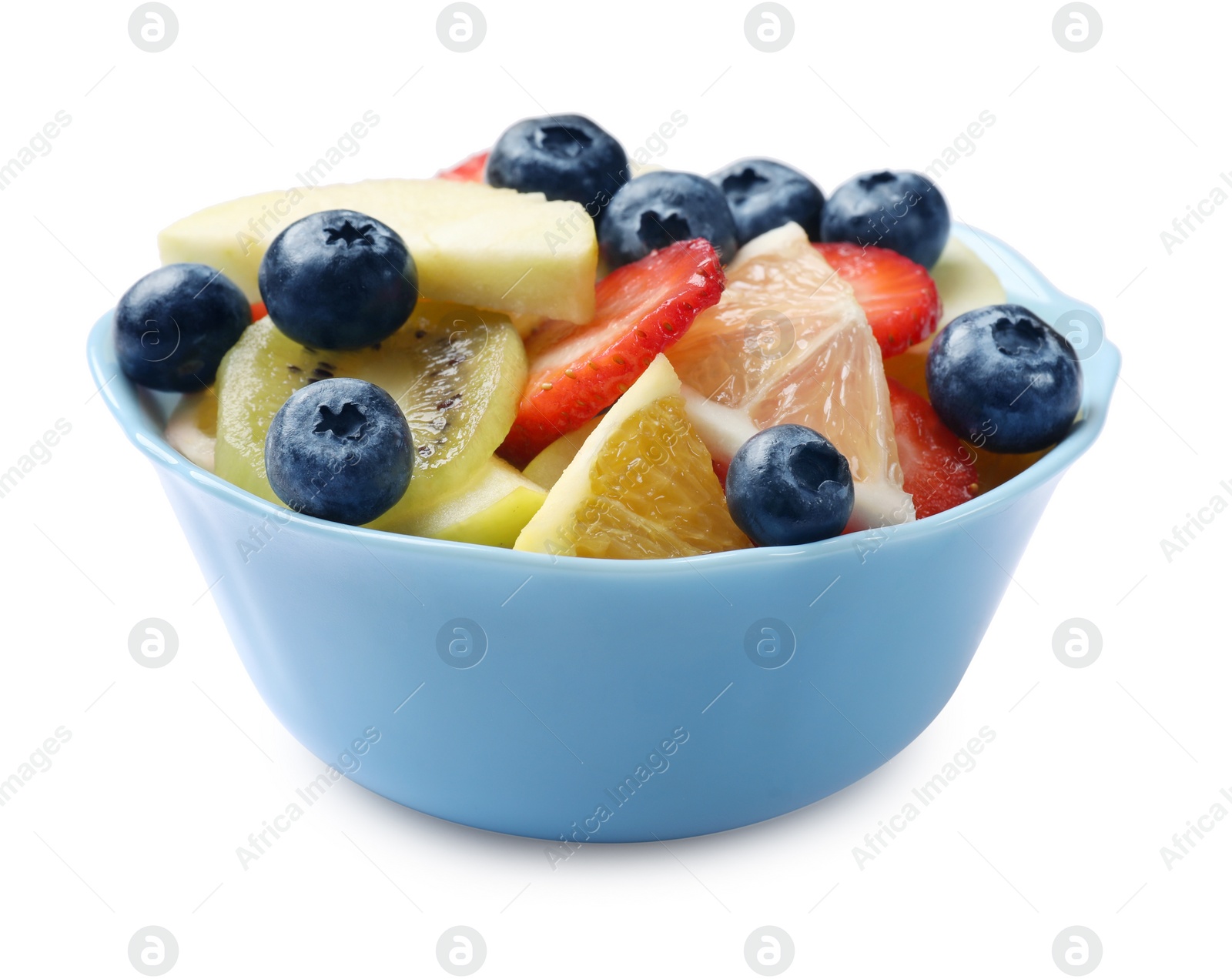 Photo of Tasty fruit salad in bowl isolated on white