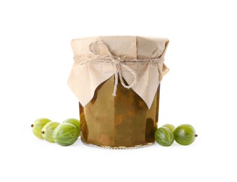 Photo of Jar of delicious gooseberry jam and fresh berries on white background