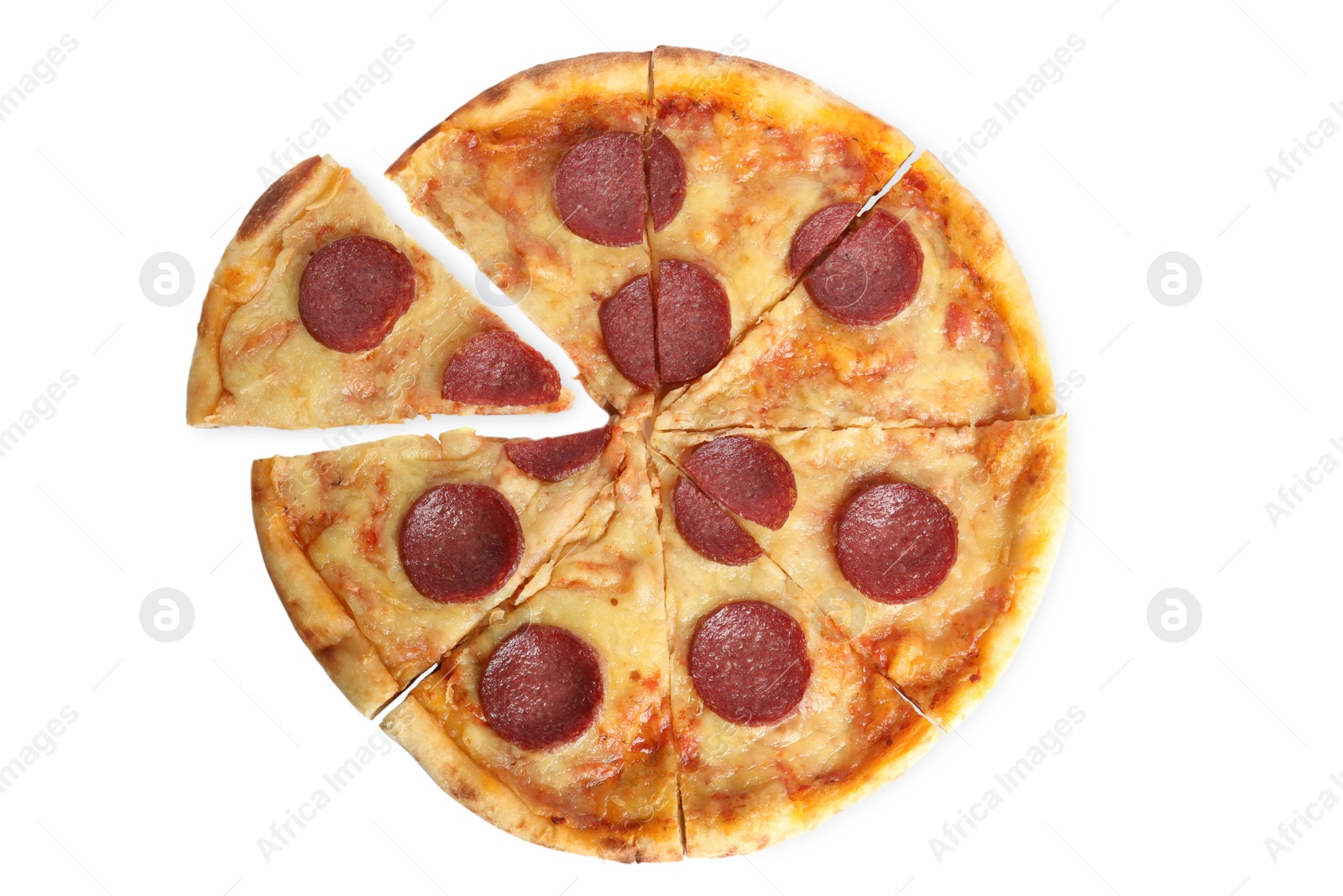 Photo of Tasty pepperoni pizza isolated on white, top view