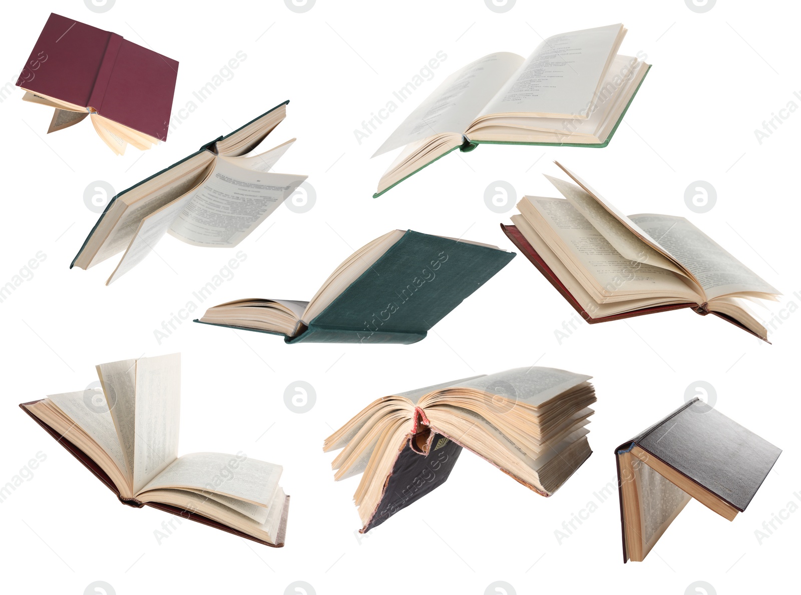 Image of Many hardcover books falling on white background