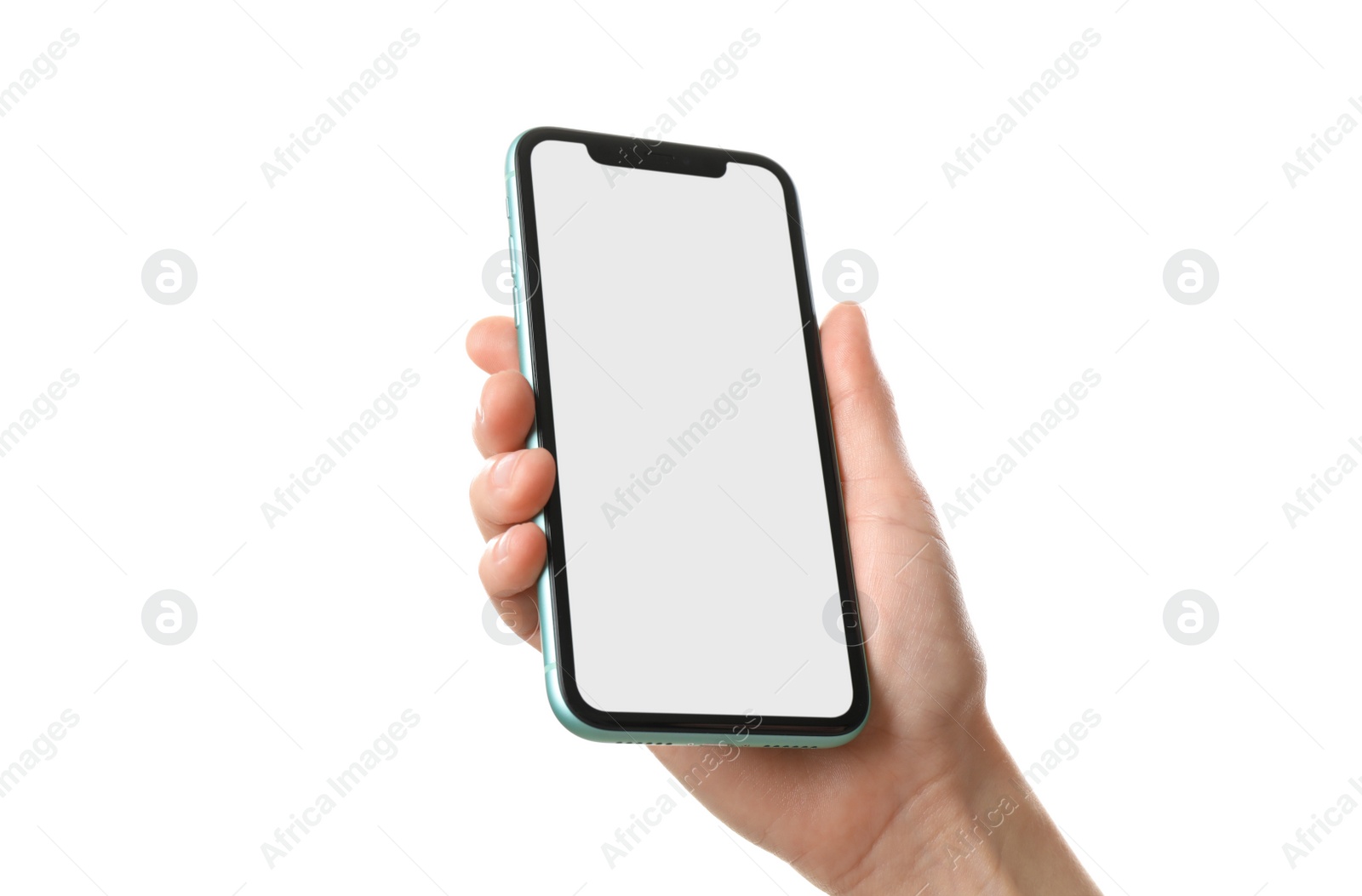 Photo of MYKOLAIV, UKRAINE - JULY 07, 2020: Woman holding iPhone 11 on white background, closeup. Mockup for design