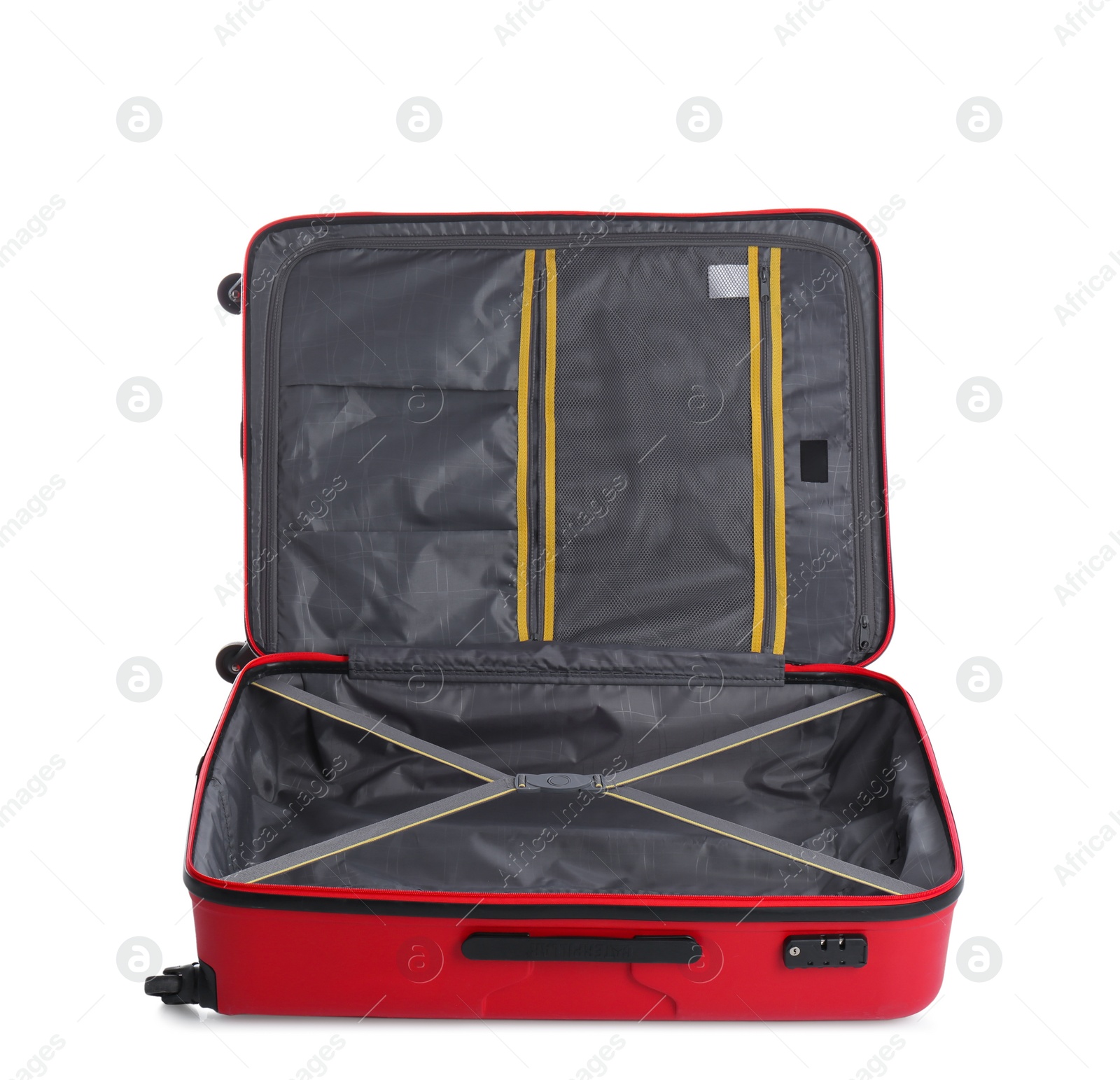 Photo of Open suitcase for travelling on white background