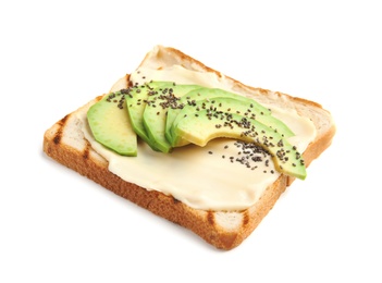 Slice of bread with spread and avocado on white background