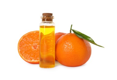 Photo of Aromatic tangerine essential oil in bottle and citrus fruits isolated on white