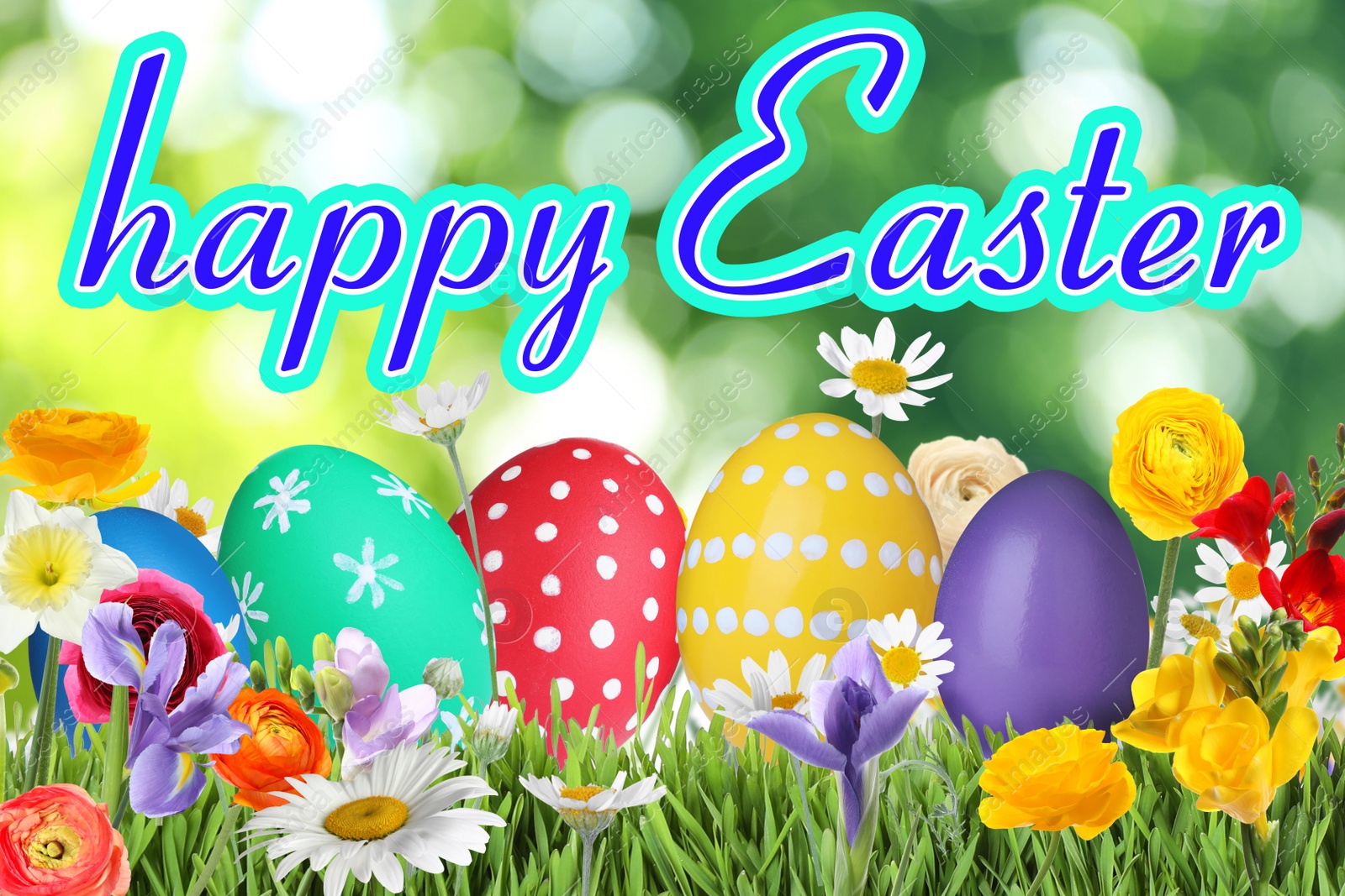 Image of Happy Easter. Bright eggs and spring flowers on green grass outdoors