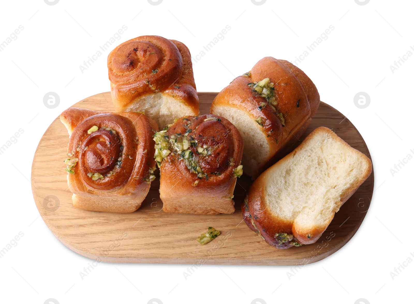 Photo of Tasty fresh pampushky. Traditional Ukrainian buns with garlic isolated on white