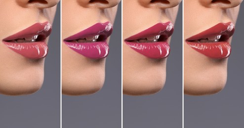 Image of Collage with photos of young woman with different glossy lipsticks on grey background, closeup. Banner design