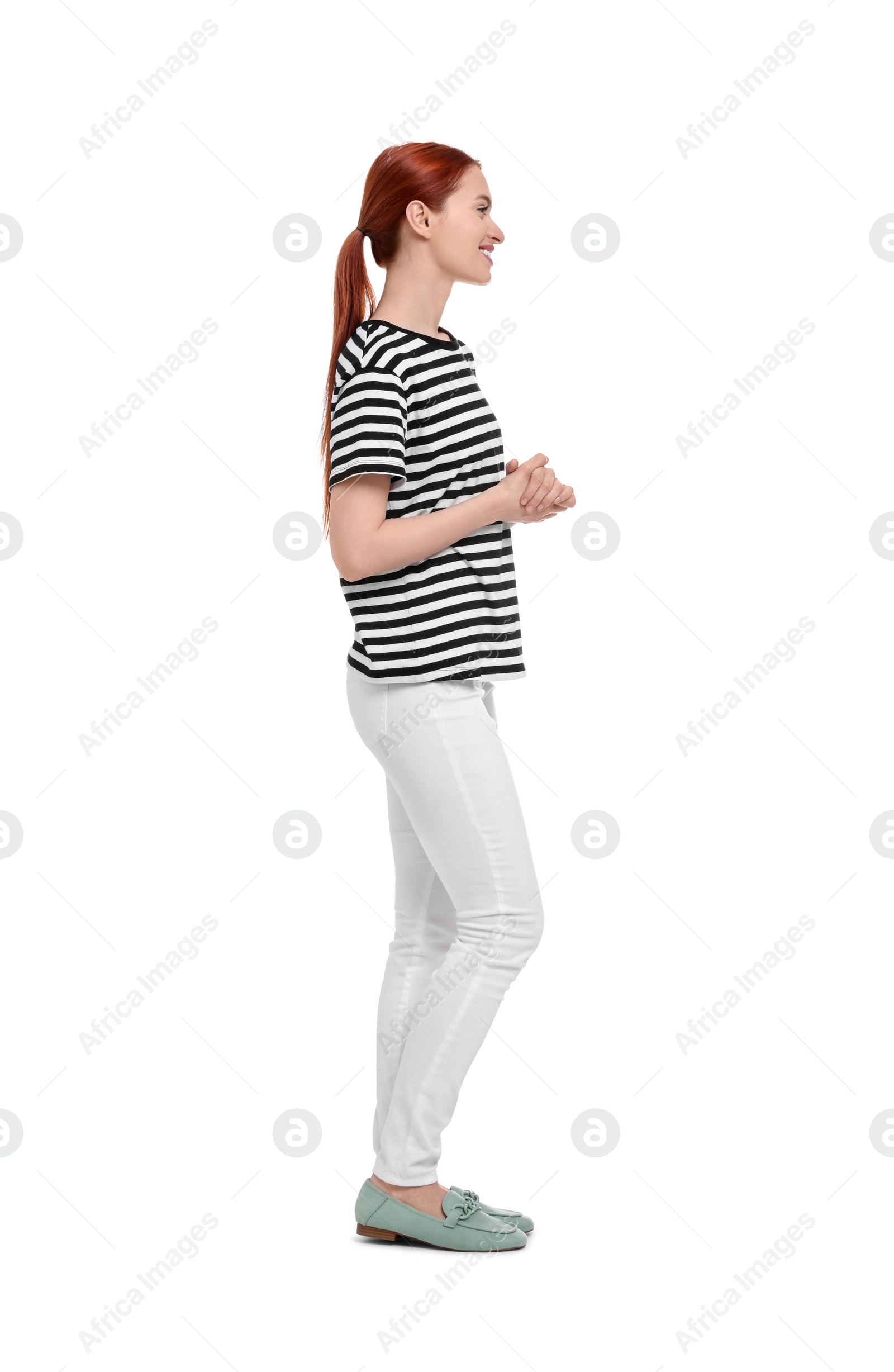 Photo of Portrait of happy woman on white background