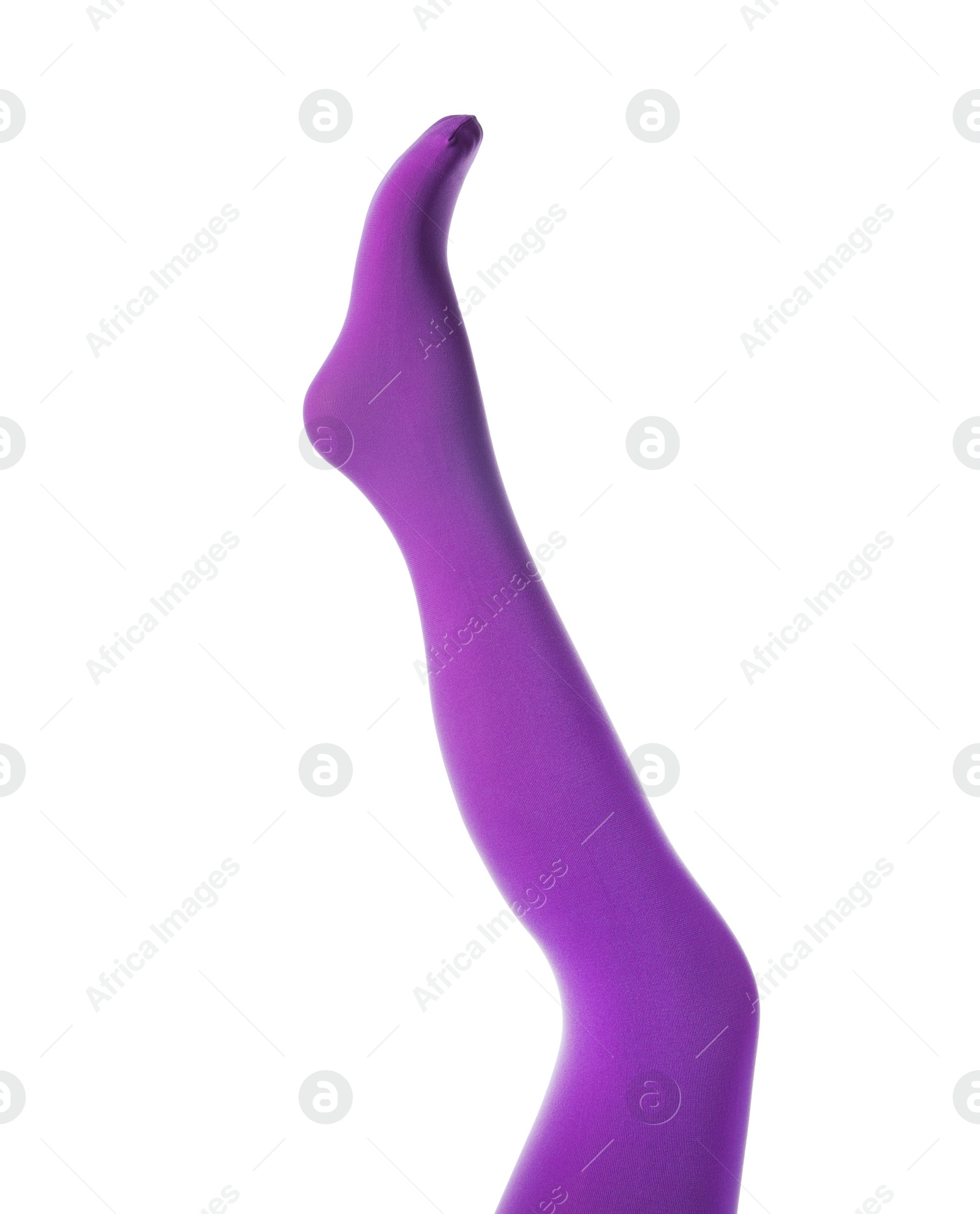 Photo of Leg mannequin in purple tights on white background
