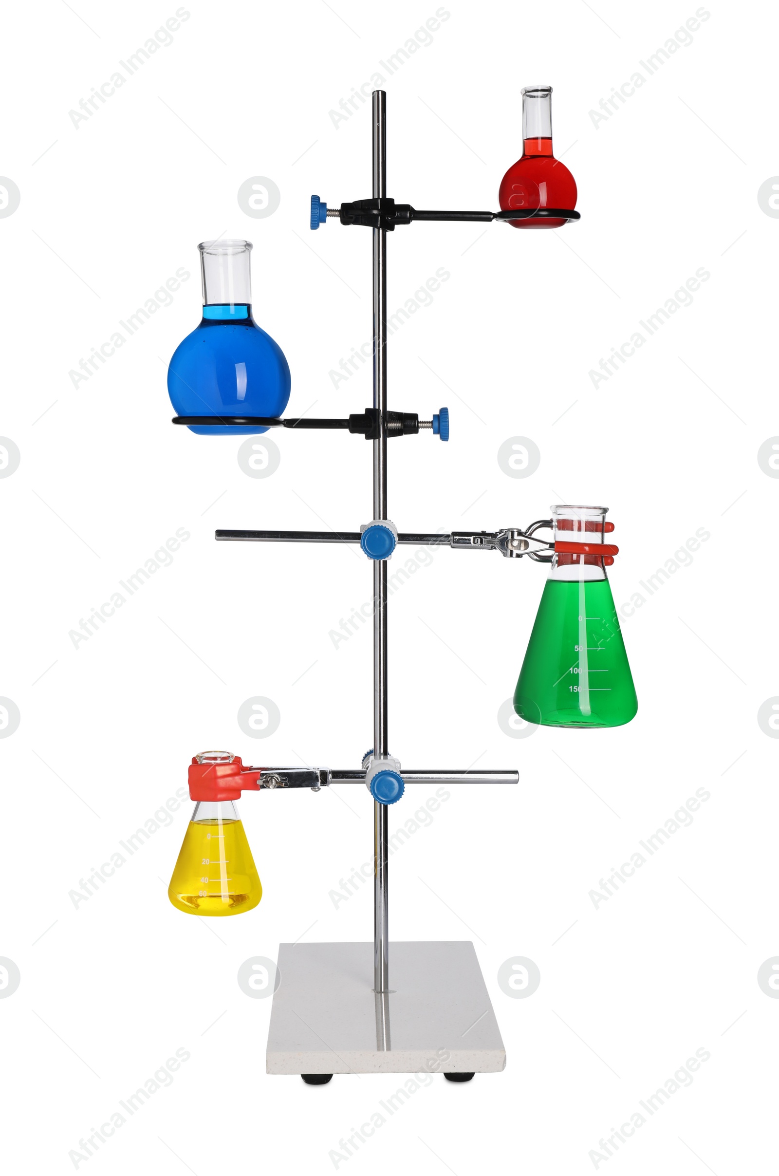 Photo of Retort stand with flask of colorful liquids isolated on white