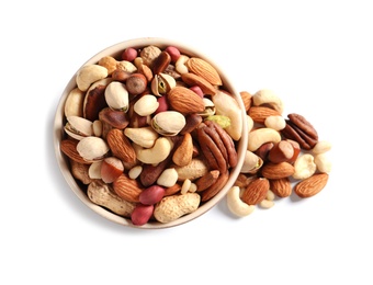 Photo of Bowl with mixed organic nuts on white background, top view