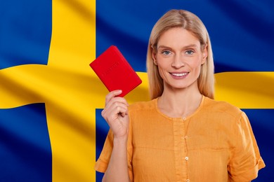 Immigration. Happy woman with passport against national flag of Sweden, space for text