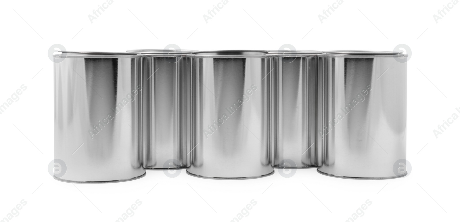 Photo of Many cans of paints on white background