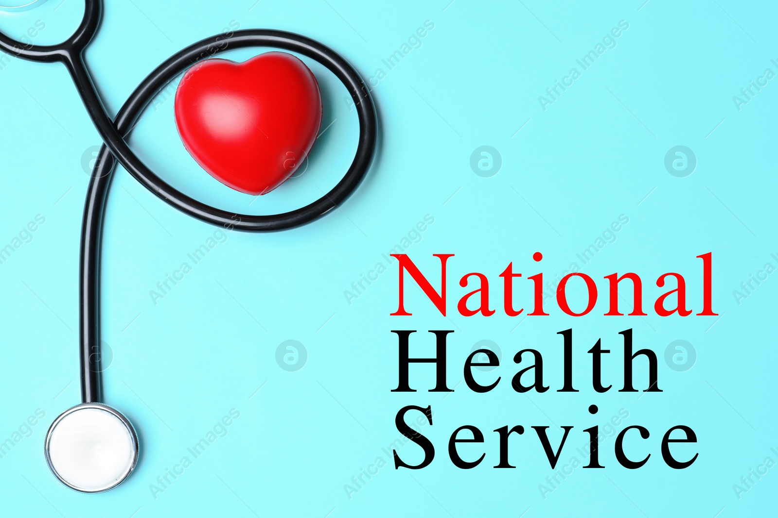 Image of National health service (NHS). Stethoscope, small heart and text on turquoise background, top view