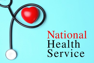 National health service (NHS). Stethoscope, small heart and text on turquoise background, top view