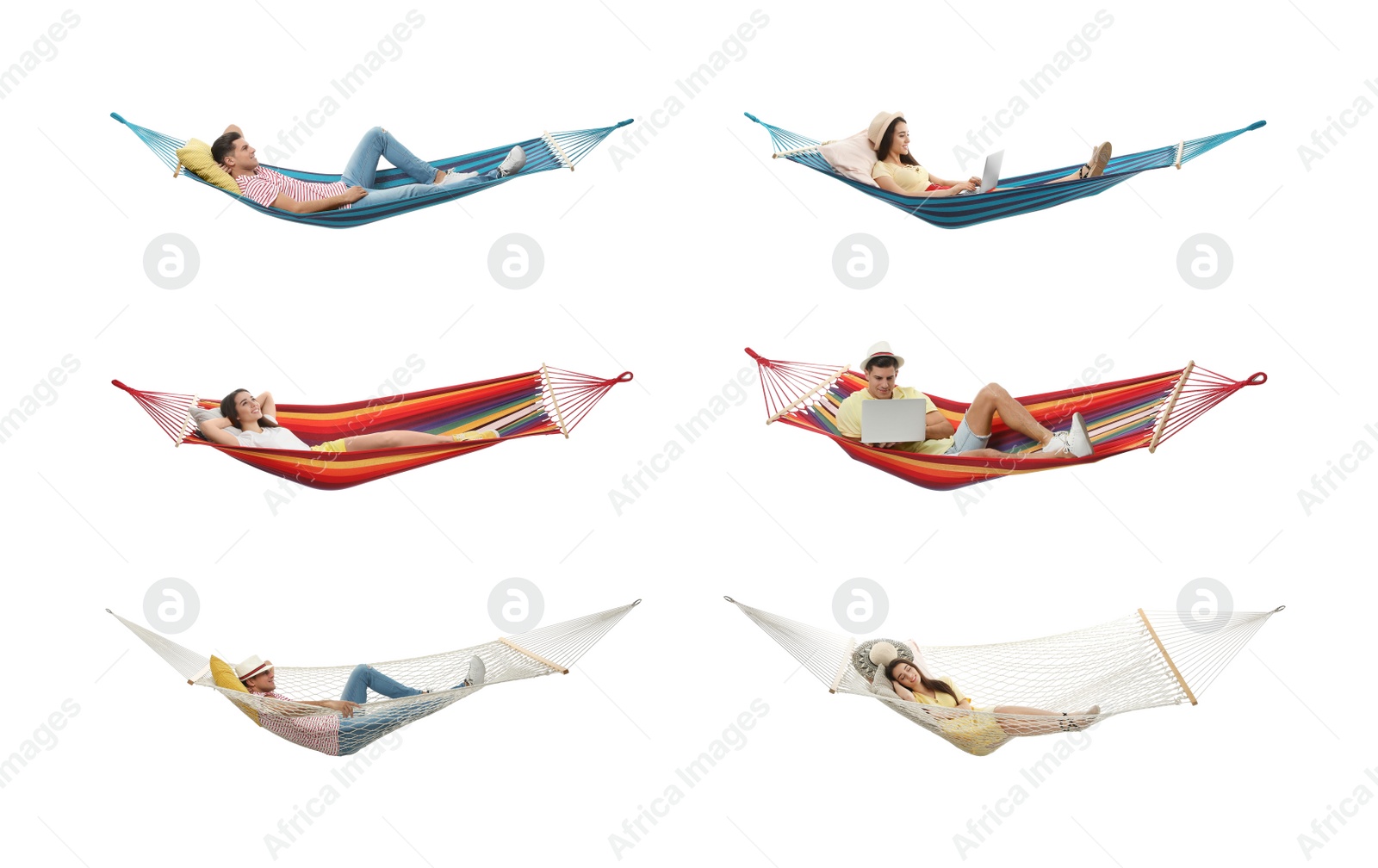 Image of Collage with people resting in different hammocks on white background