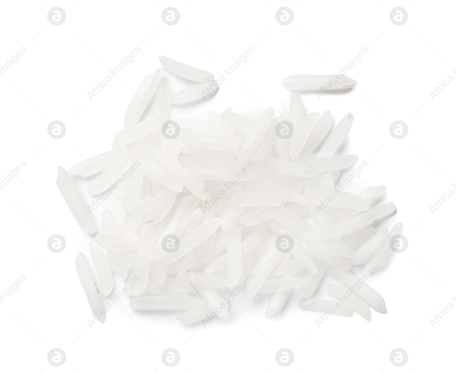 Photo of Pile of raw basmati rice isolated on white, top view
