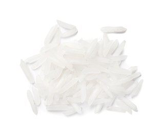 Photo of Pile of raw basmati rice isolated on white, top view