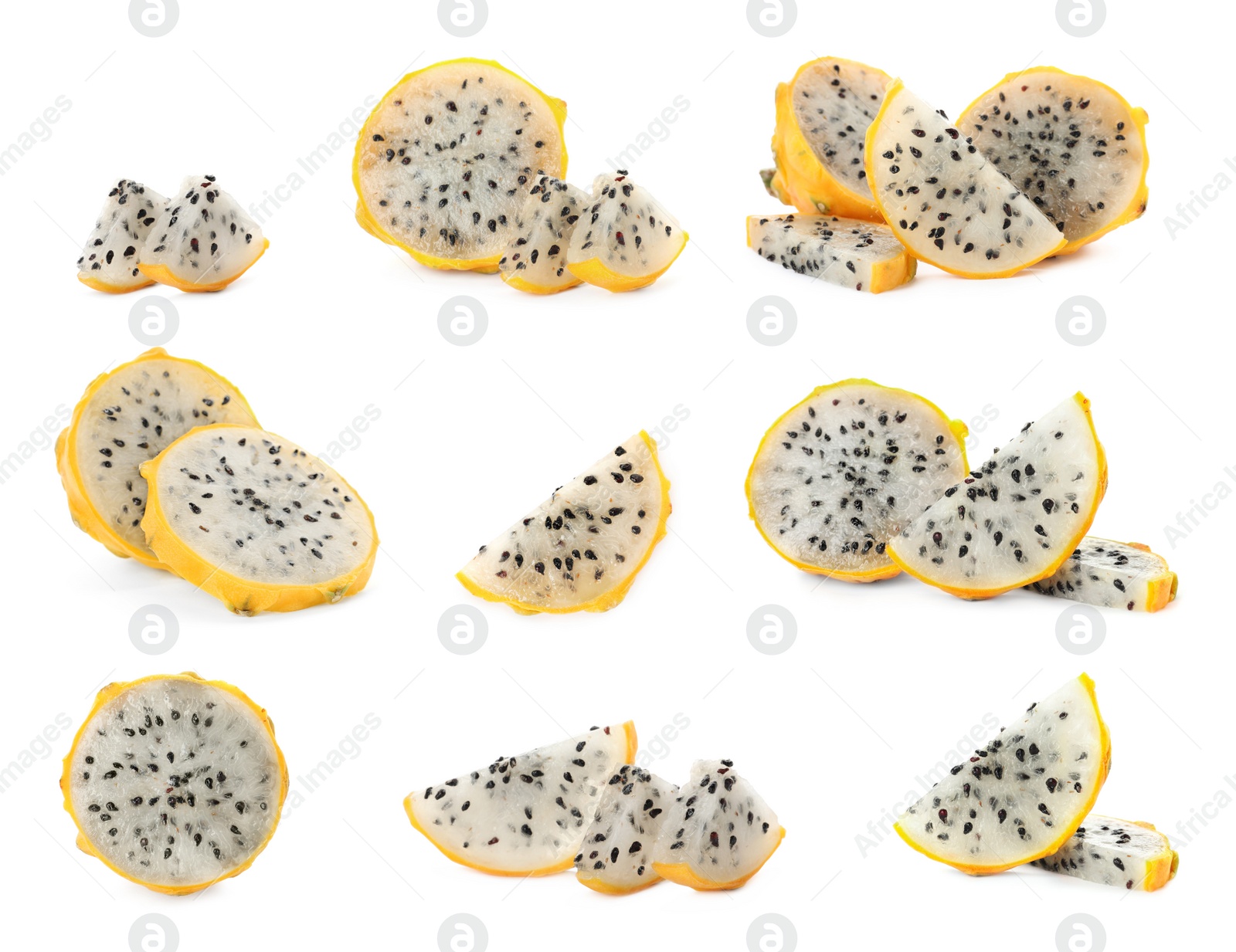 Image of Set with delicious yellow dragon fruits (pitahaya) on white background 