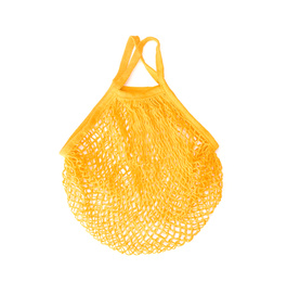 Photo of Orange net bag isolated on white, top view