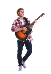 Young man playing acoustic guitar on white background