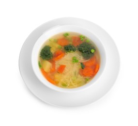 Photo of Delicious vegetable soup with noodles isolated on white, top view