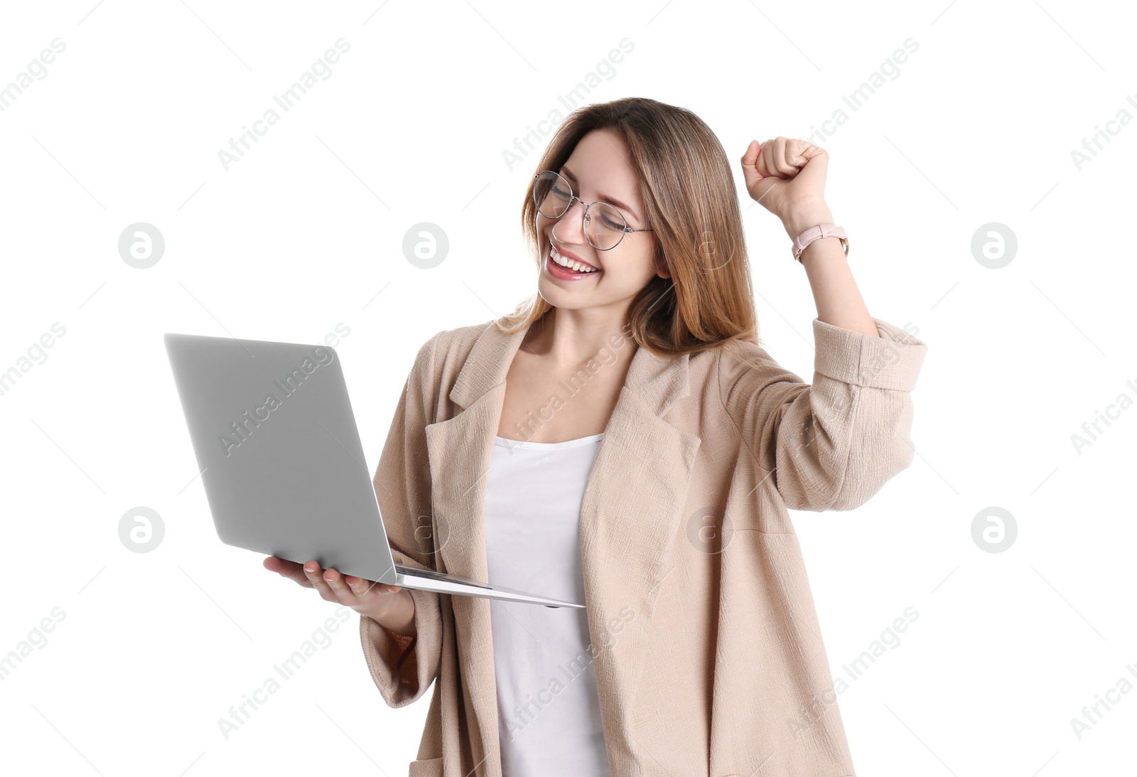 Photo of Portrait of young woman in office wear with laptop on white background