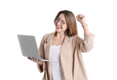 Photo of Portrait of young woman in office wear with laptop on white background