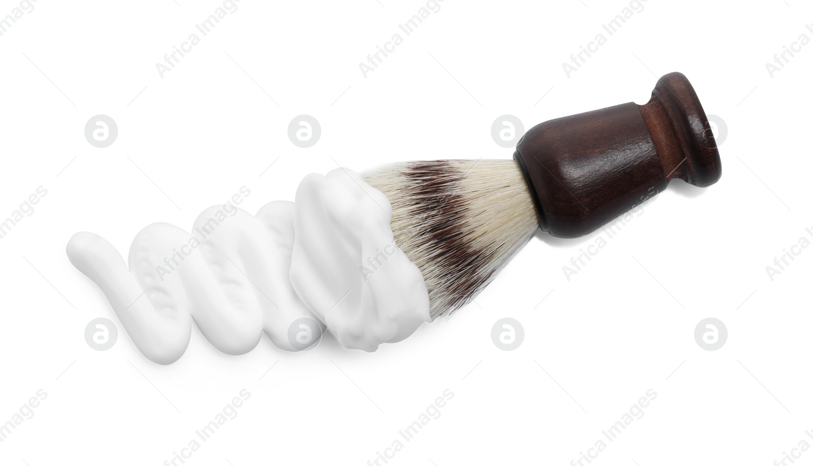 Photo of Shaving brush and foam on white background, top view