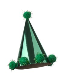 Photo of One shiny green party hat with pompoms isolated on white