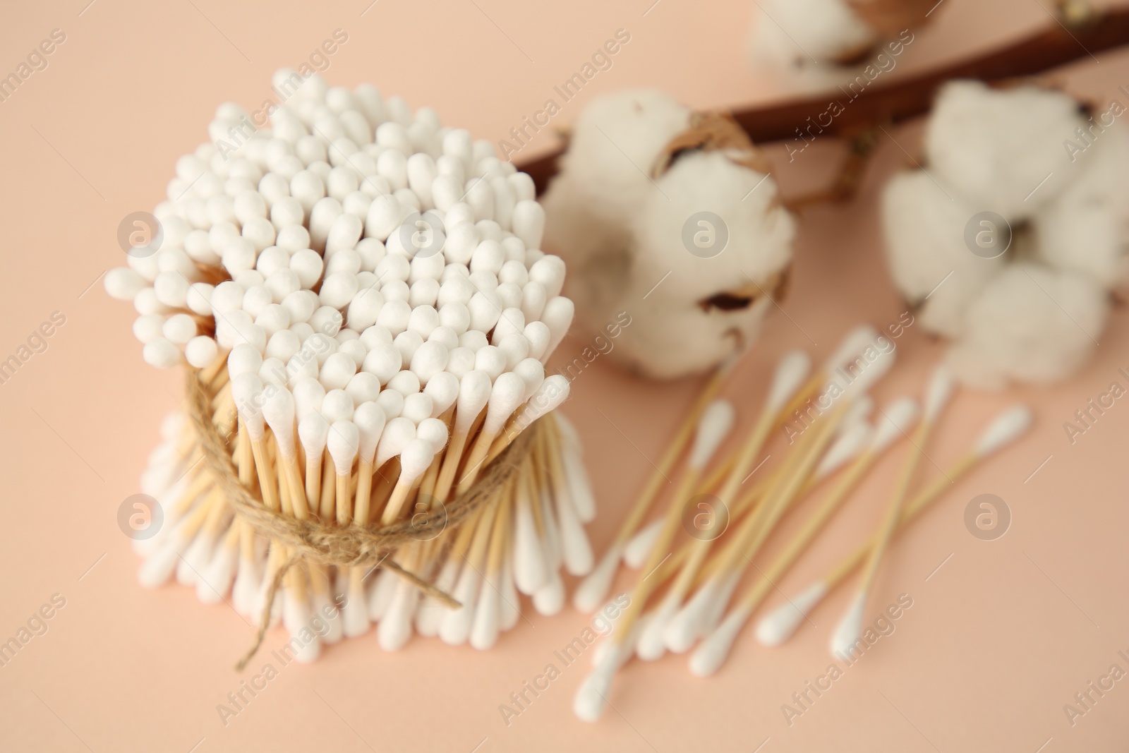 Photo of Many cotton buds and flowers on beige background, closeup