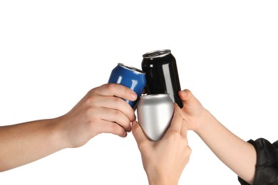 Photo of Friends clinking different cans on white background, closeup