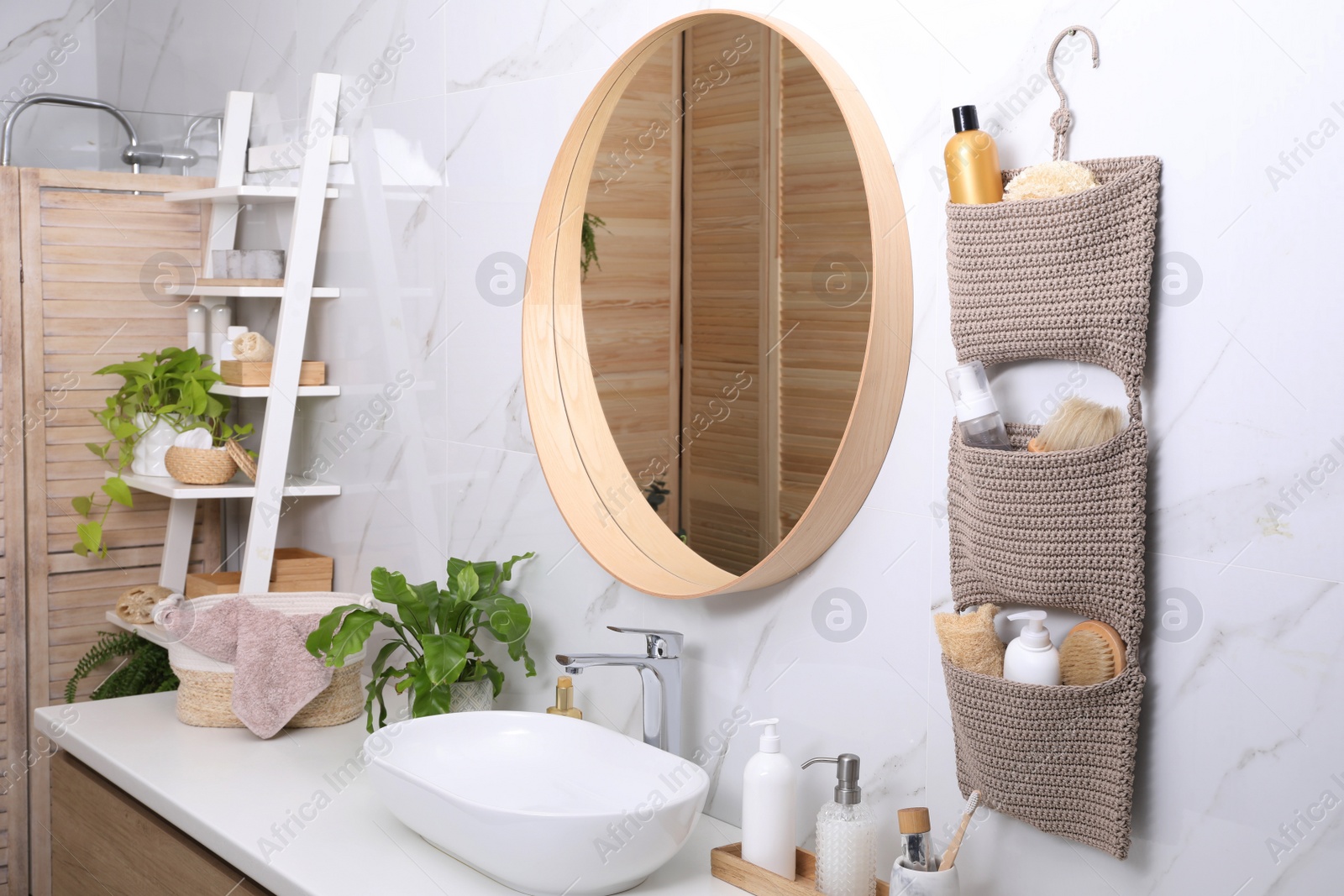 Photo of Bathroom interior with essentials and stylish accessories