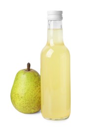 Photo of Delicious kombucha in glass bottle and pear isolated on white