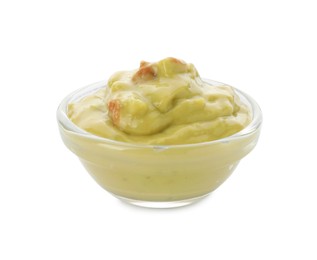 Delicious guacamole sauce in bowl isolated on white
