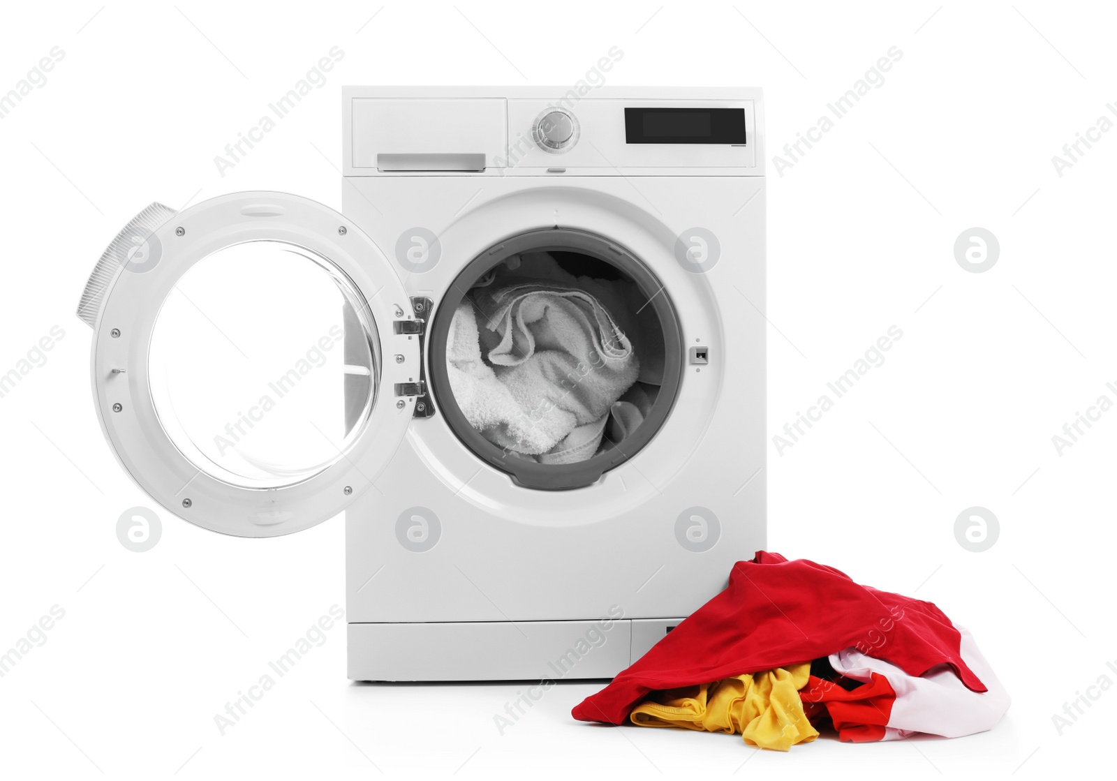 Photo of Modern washing machine with laundry on white background