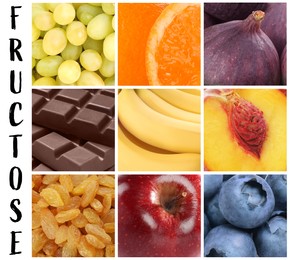 Collage with photos of different products containing fructose 