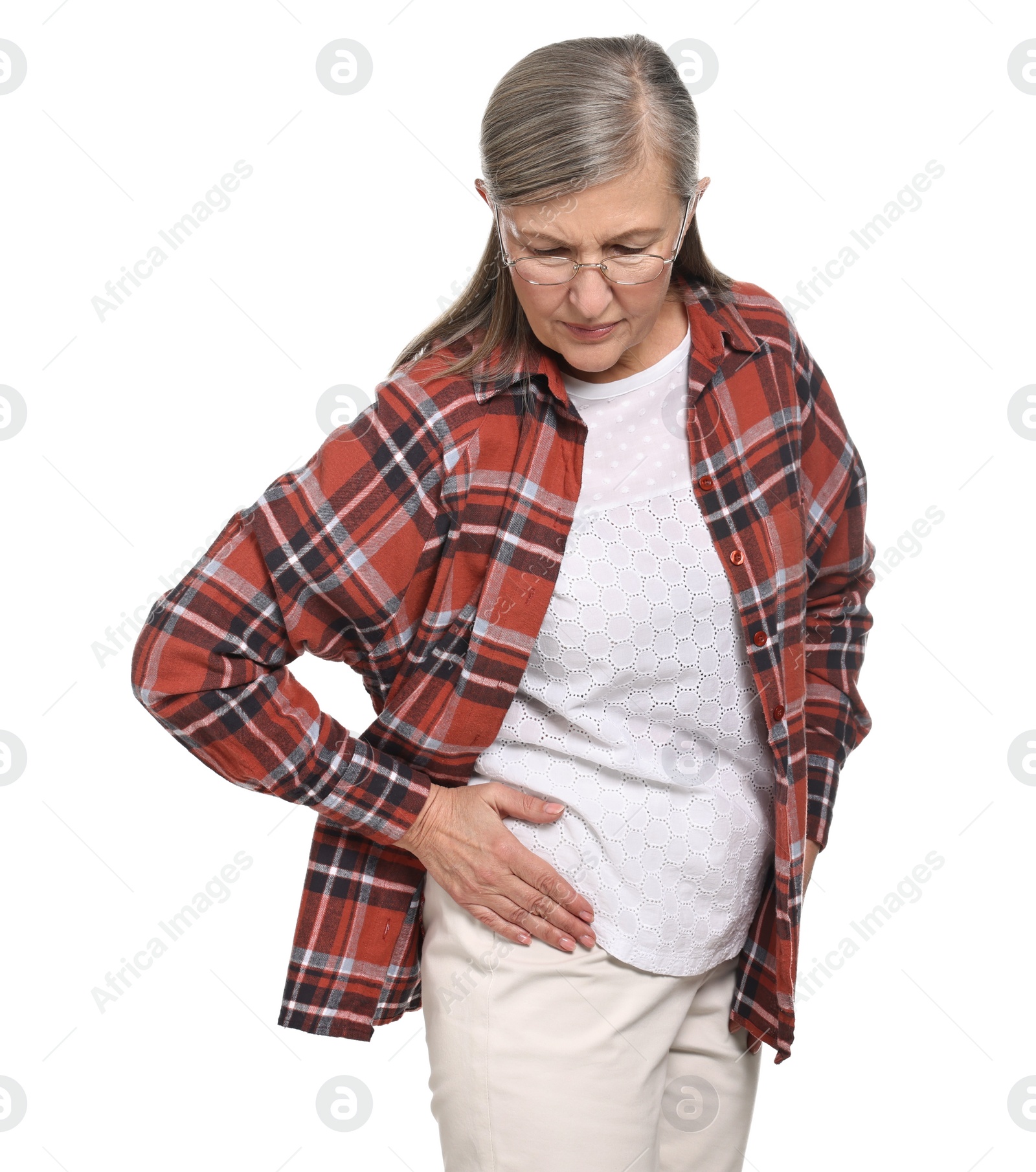 Photo of Arthritis symptoms. Woman suffering from hip joint pain on white background