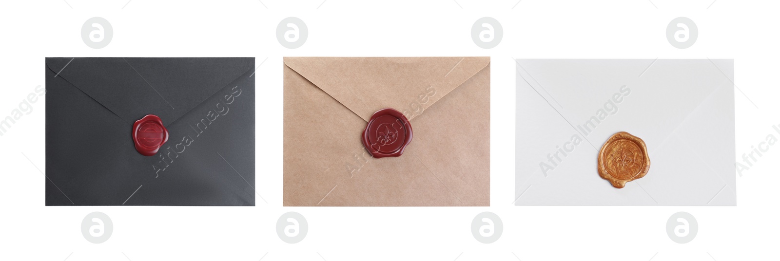 Image of Top view of different envelopes with wax seals on white background, collage. Banner design 