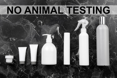 Image of Cosmetic products and text NO ANIMAL TESTING on black marble background, flat lay
