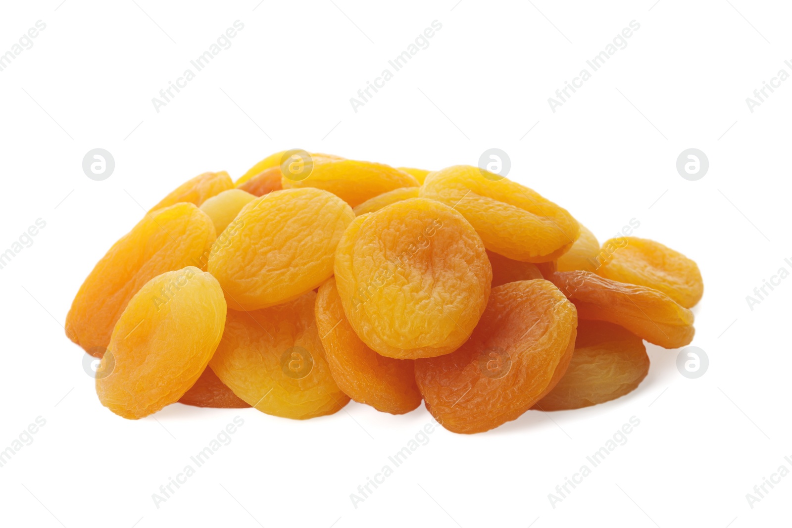 Photo of Pile of tasty apricots on white background. Dried fruits