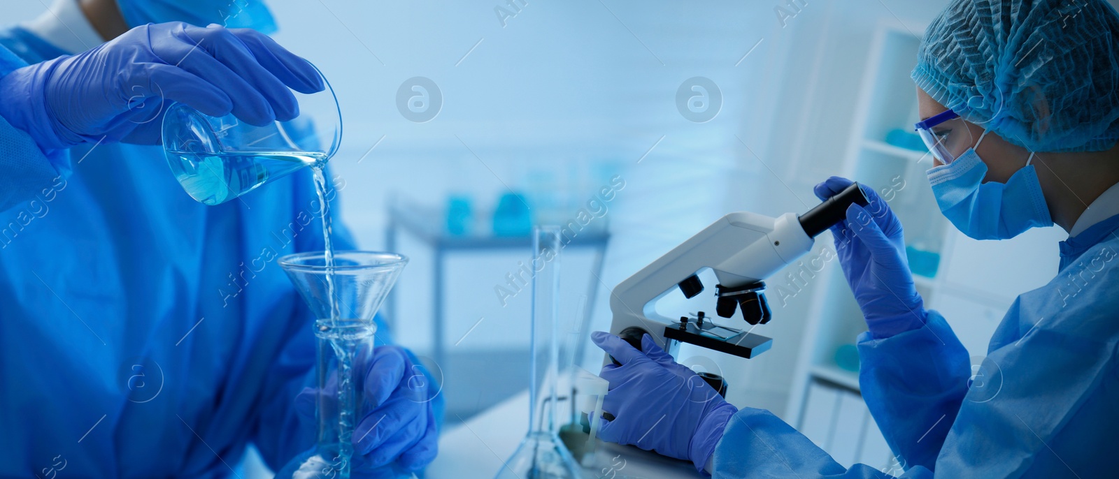 Image of Testing, analysis and experiment. Laboratory employees working, banner design