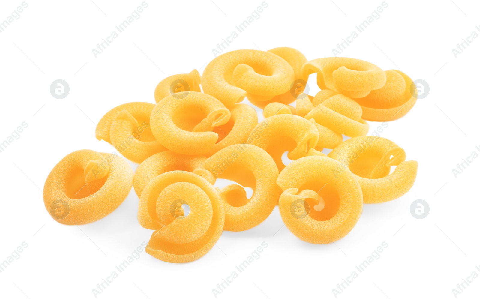 Photo of Pile of raw dischi volanti pasta isolated on white