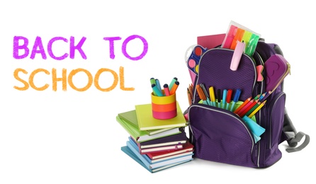 Image of Text Back To School and backpack with different stationery on white background