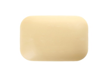 Photo of Soap bar on white background, top view