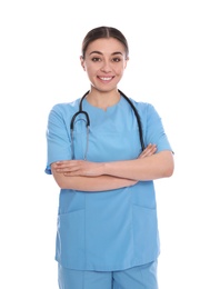 Photo of Portrait of medical doctor with stethoscope isolated on white